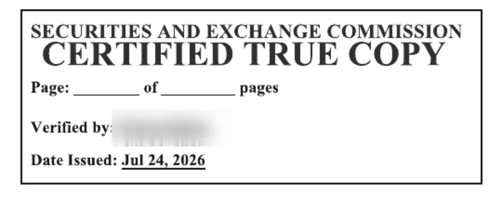 Stamp area of an SEC document page. Certified true copy: stamped on every page.