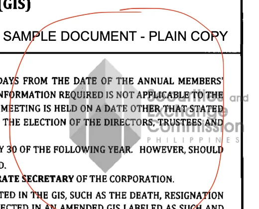 The SEC seal watermark, circled, on the first page of a plain copy of a GIS